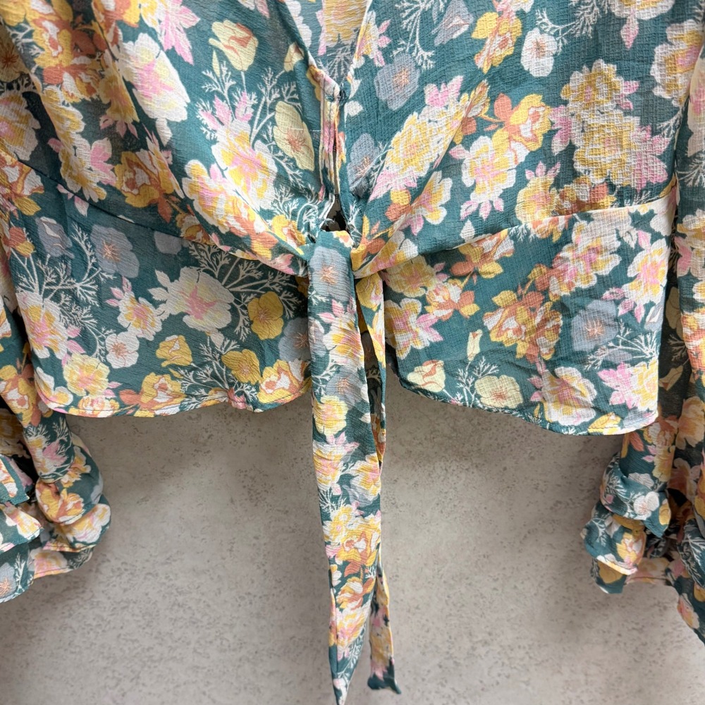 Free People Womens Teal Floral Ruffle Tie Front Cottagecore Boho Feminine Blouse - Picture 4 of 8